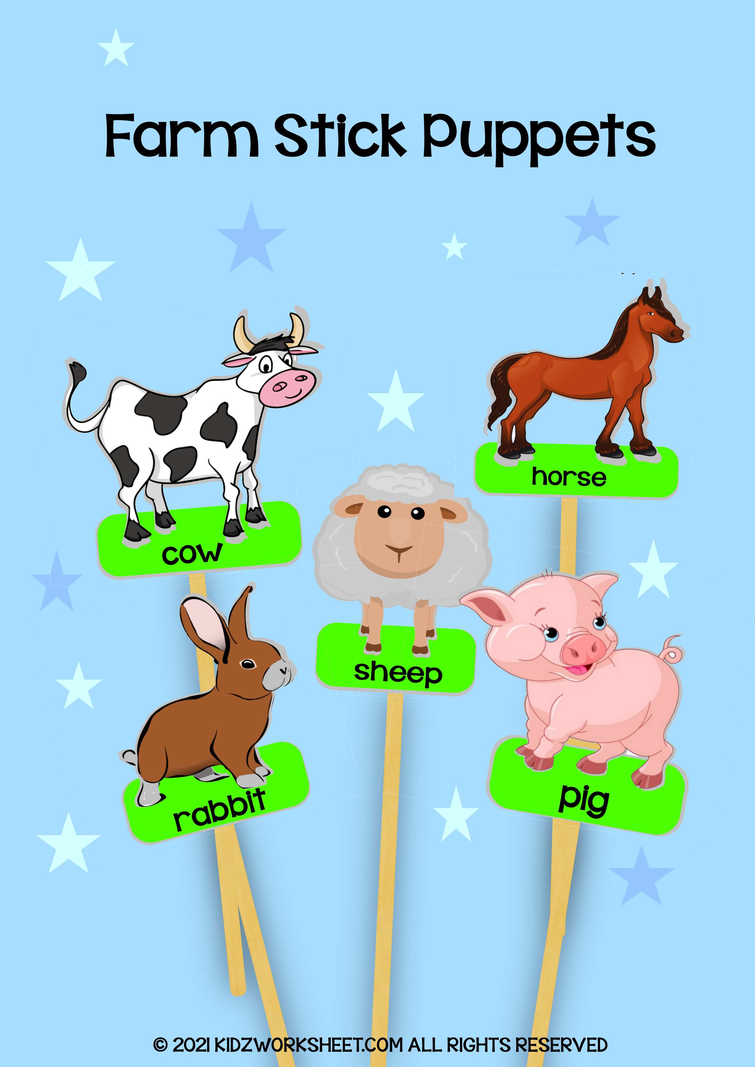 Farm animal Stick Puppets Worksheet for online schooling